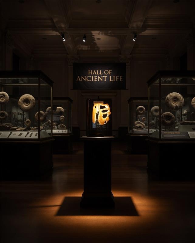 Ceratosaurus specimen illuminated in the hall of ancient life