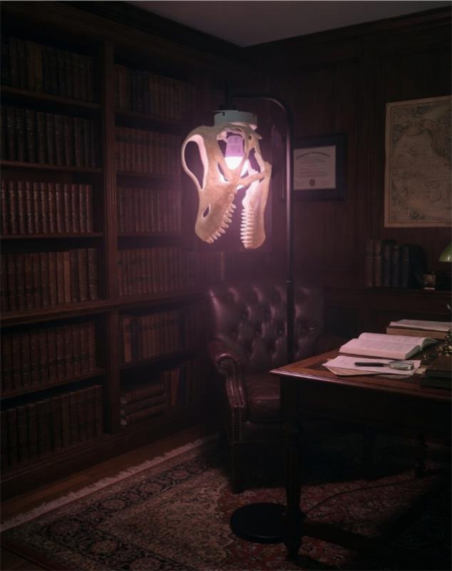 Brachiosaurus specimen illuminated in a wood-paneled study