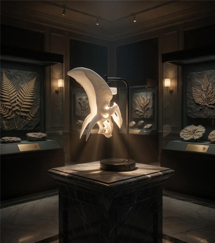 Triceratops skull lamp on a museum pedestal